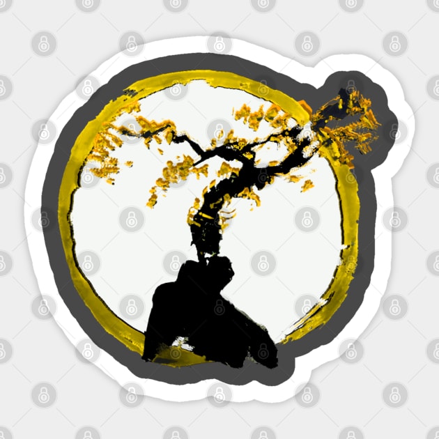 gold and yellow tree of success - Enso circle inspired bonsai tree gift Sticker by Trippy Critters